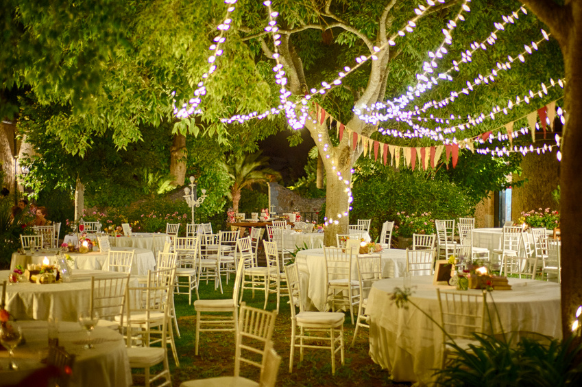 Outdoor garden party setting at night